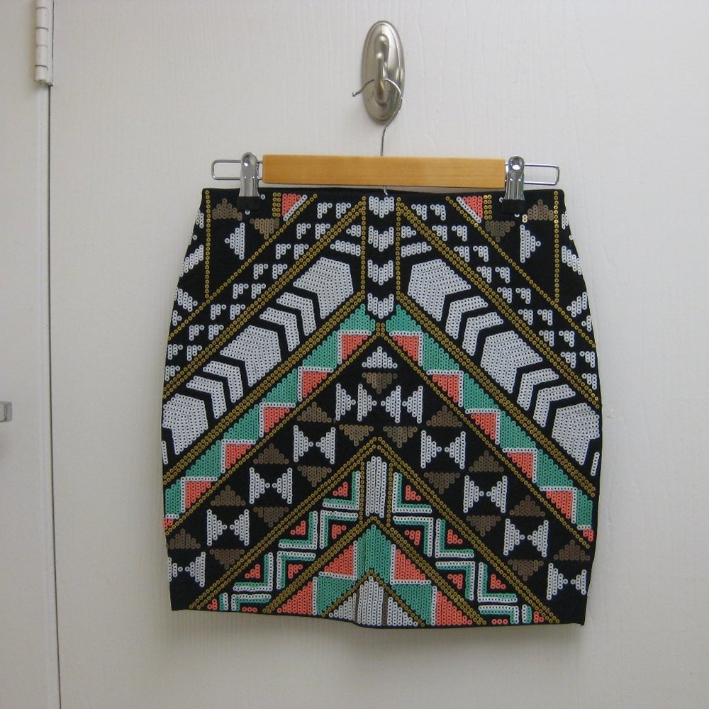 NWT Express aztec sequin mini skirt XS extra small